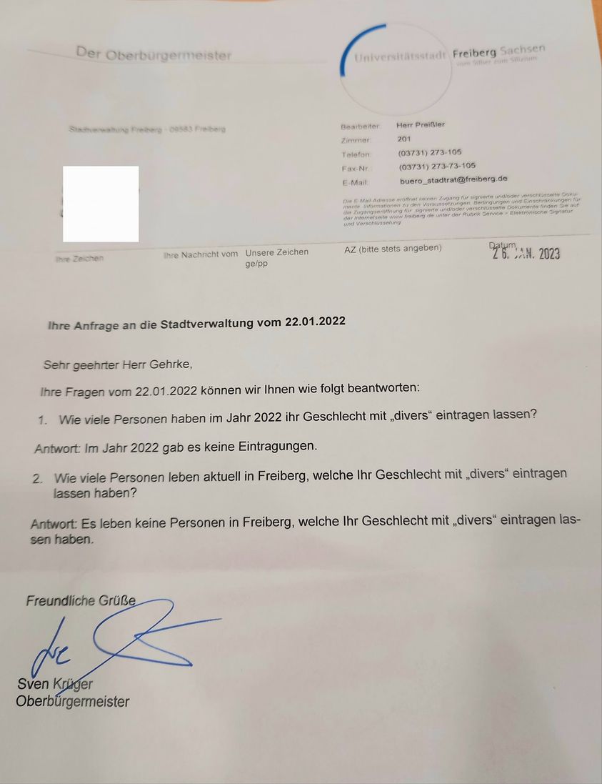 Antwort Stadtveraltung Geschlecht "Divers" Antwort Stadtveraltung Geschlecht "Divers"